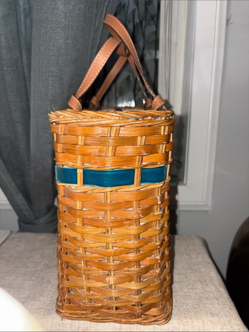 Kate Spade vintage Woven Tote Bag with Teal Accent and Tan Leather Handles - Picture 4 of 12